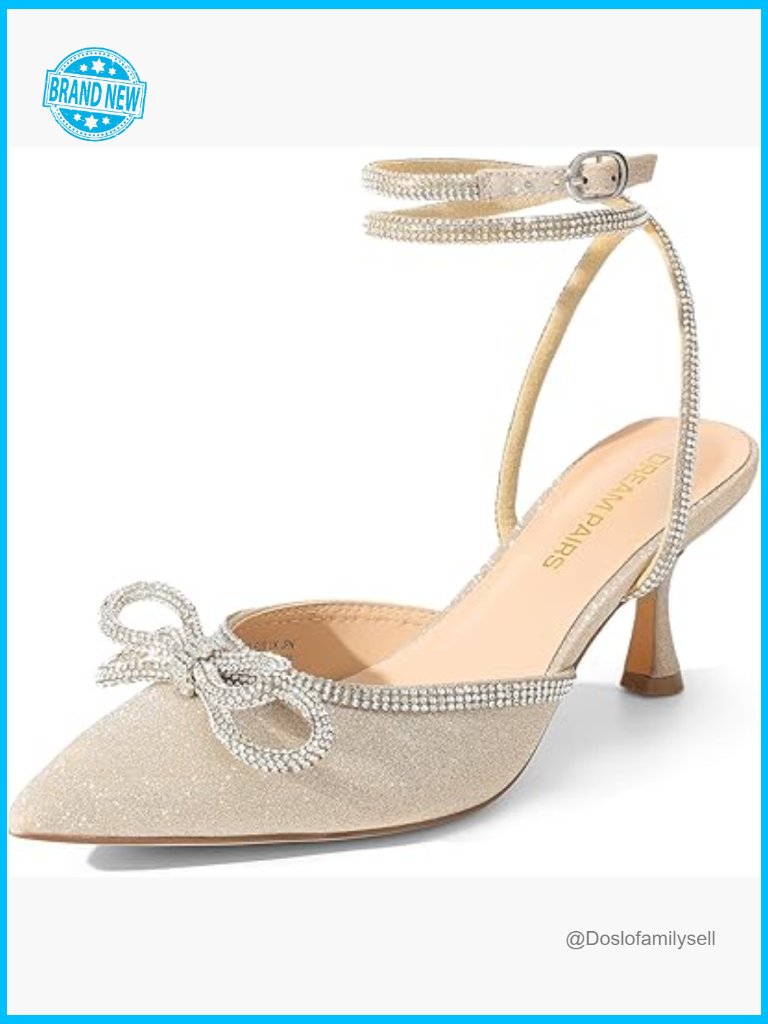 Kitten Heels Rhinestone Bow Ankle Strap Stiletto Pointed Toe Pumps Wedding